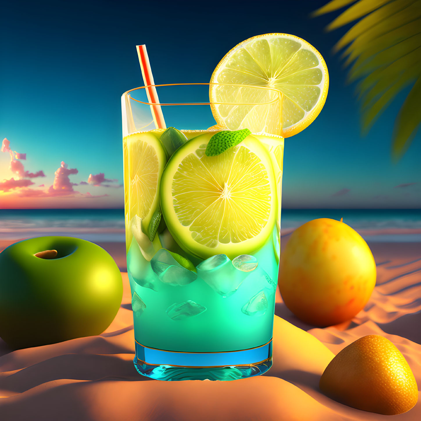 Iced Lime Drink on Beach at Sunset with Tropical Fruits