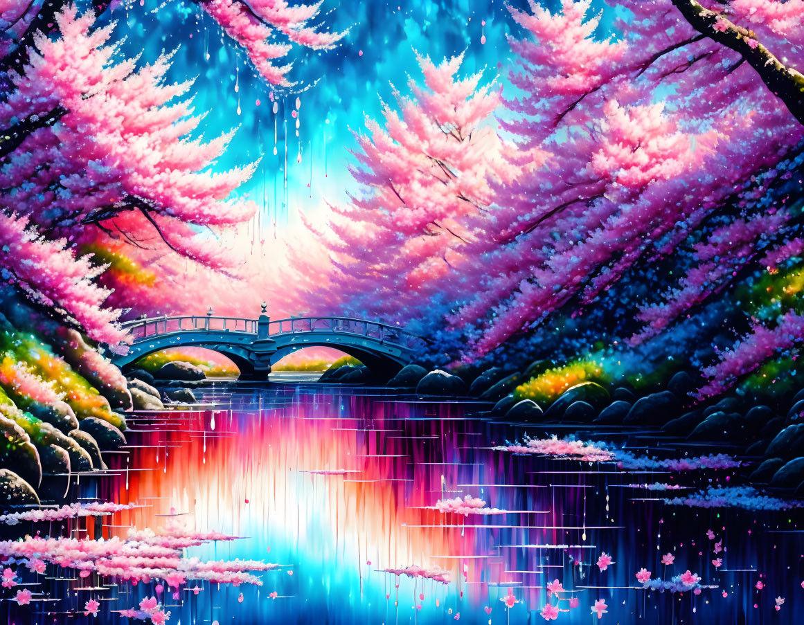 Digital Artwork: Person on Bridge with Cherry Blossoms and Starry Sky