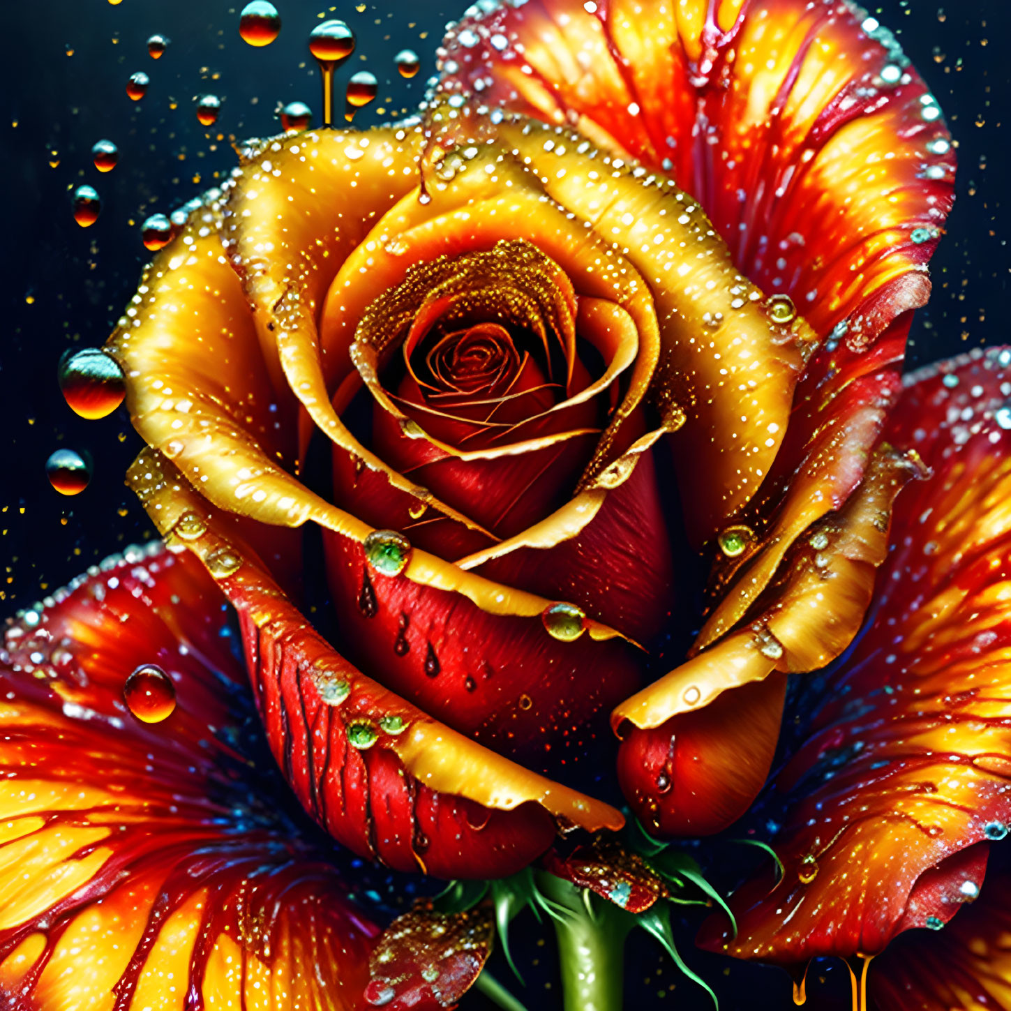 Vibrant Red and Yellow Rose with Water Droplets on Dark Background