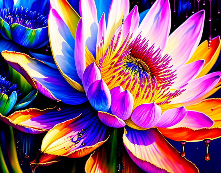 Vivid Lotus Flower Digital Illustration in Blue, Pink, and Yellow Gradient