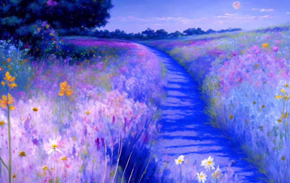 Colorful Field of Wildflowers Painting at Twilight