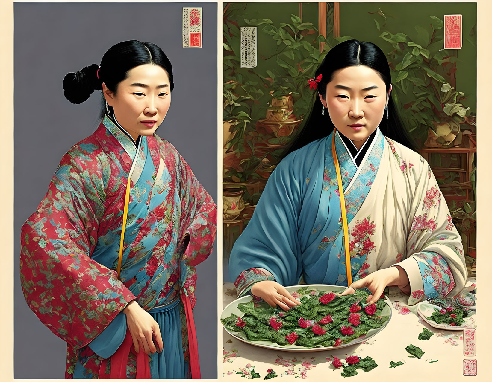 Two portraits of a woman in traditional Asian attire, one pink floral robe, the other blue, engaging