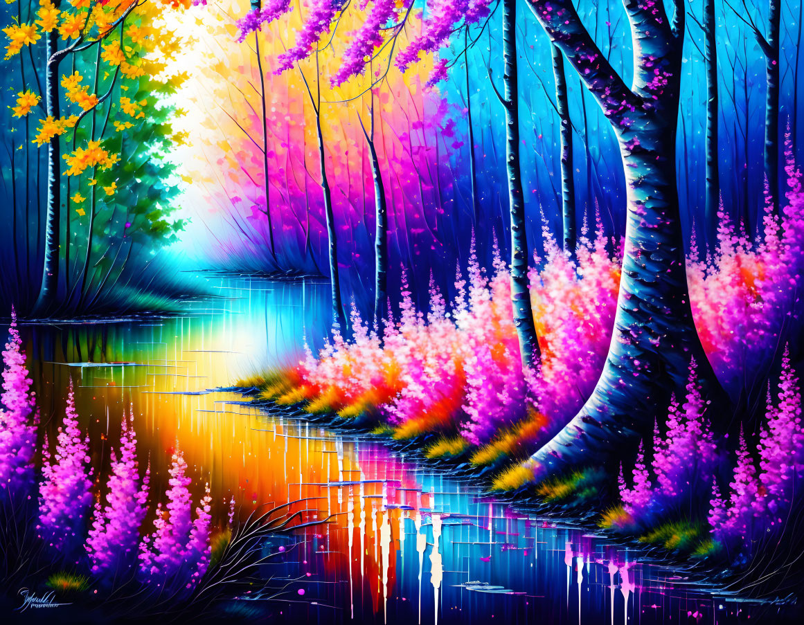 Colorful digital painting: Magical forest with vibrant trees and luminous flowers