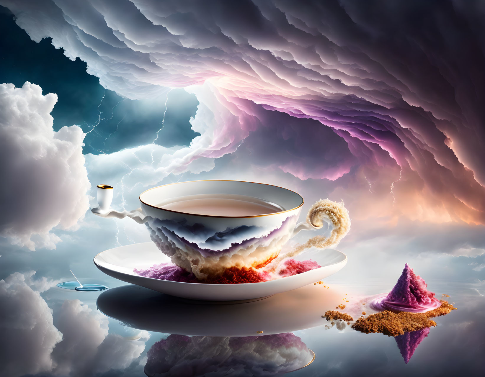 Surreal image: Giant teacup in storm clouds with ocean wave splash, lightning.