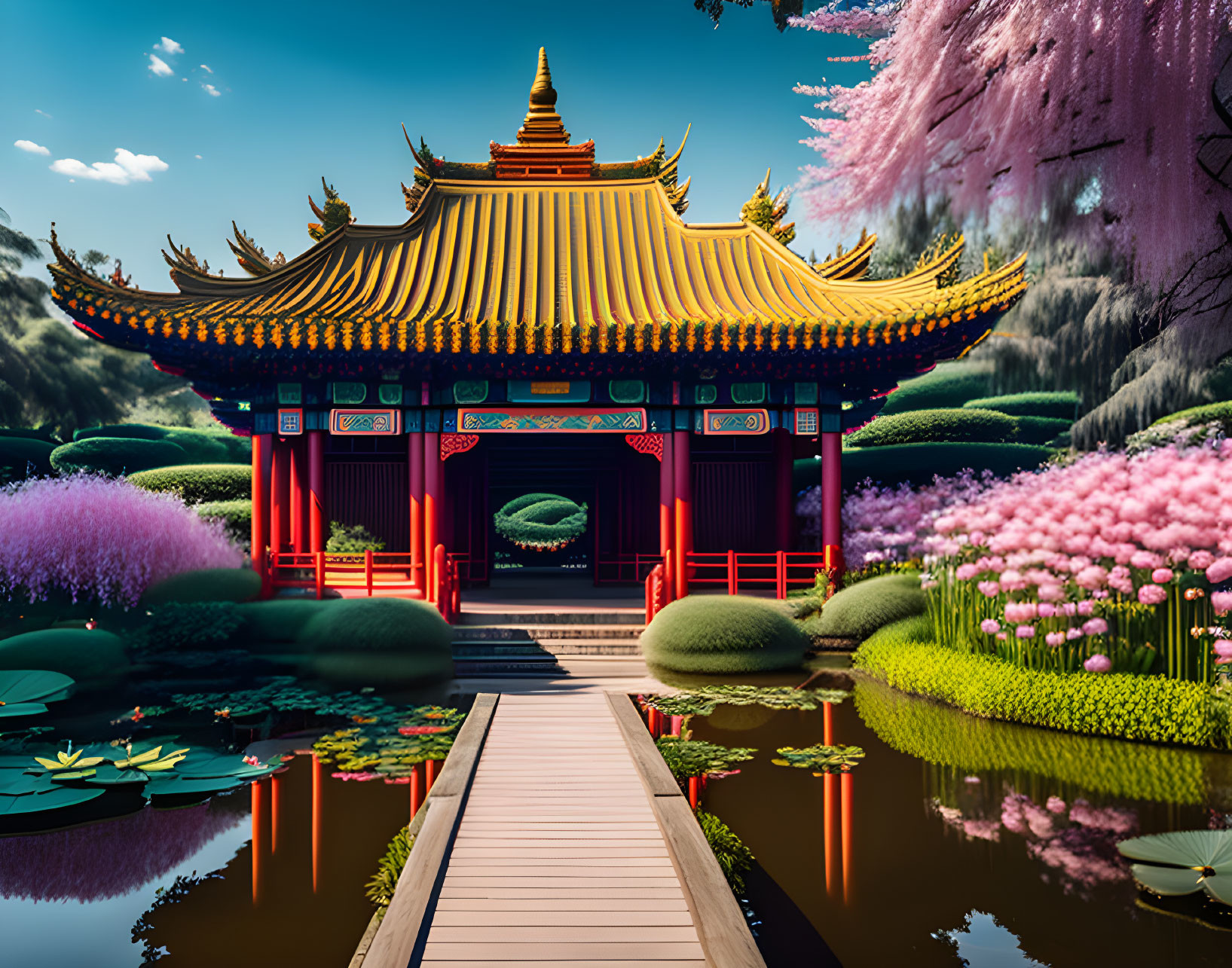 Traditional Oriental Garden with Pavilion, Pond, Flowers, and Wooden Walkway