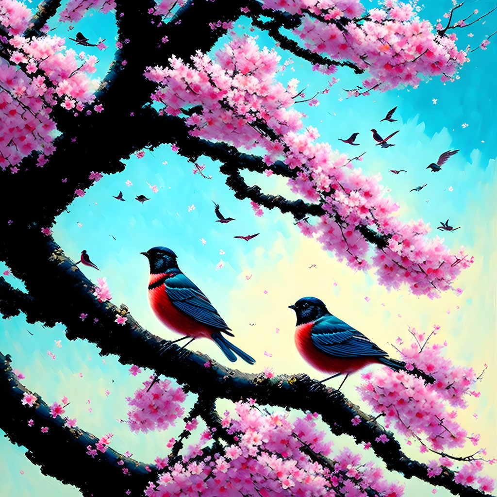 Colorful birds on branch with cherry blossoms and blue sky