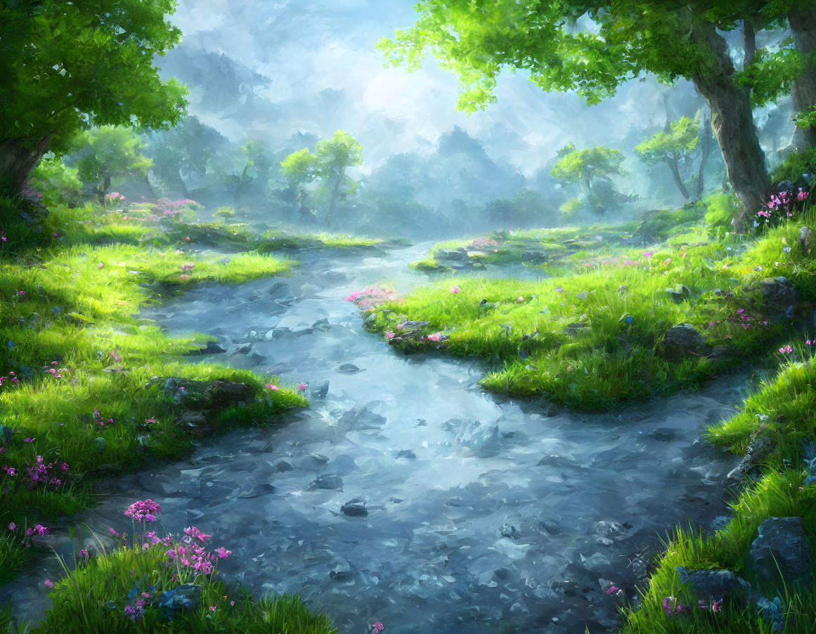 Tranquil stream in sunlit forest glade with wildflowers