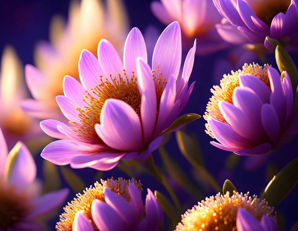 Colorful Purple Flowers with Golden Centers on Dark Blue Background