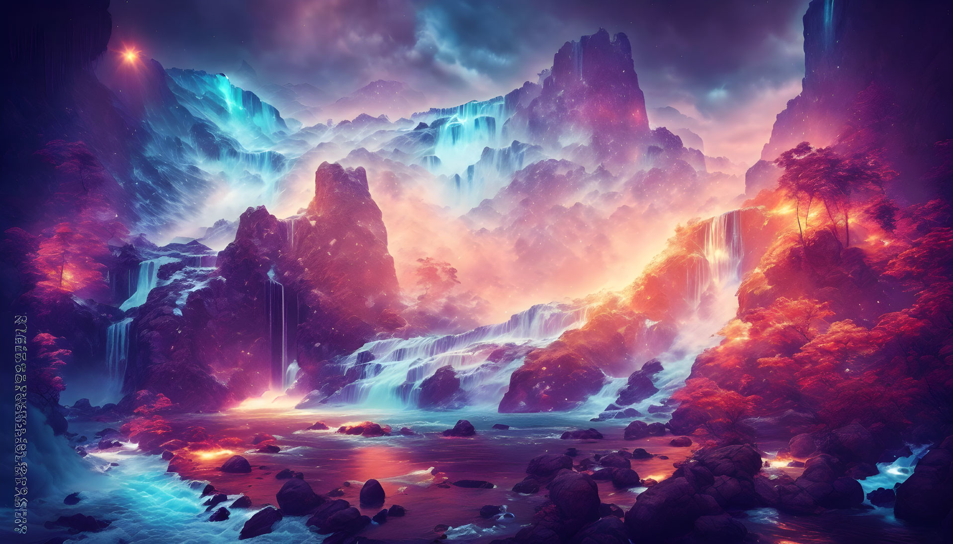 Fantasy landscape with waterfalls, glowing lights, mist, cliffs, and alien flora