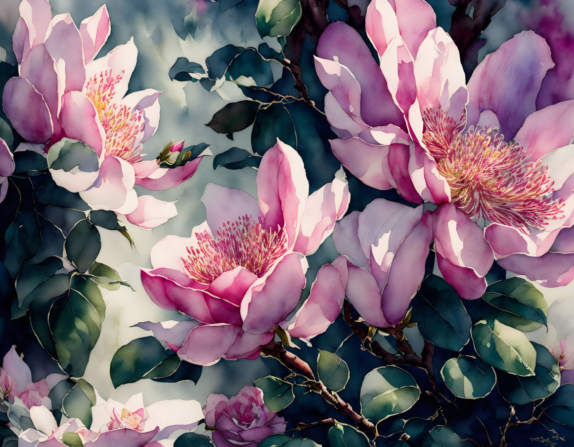 Detailed magnolia flowers in bloom against moody background