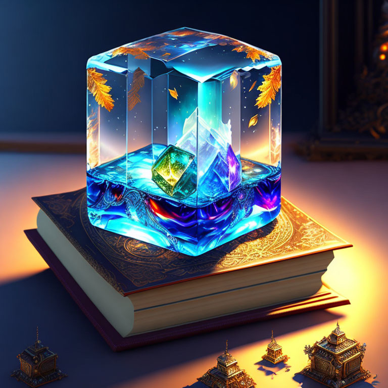 Illuminated magical cube with autumnal trees and waterfall on ornate book amidst pagodas at