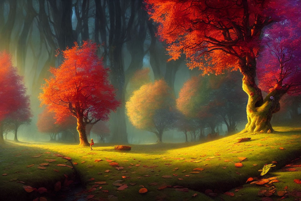 Vibrant red and purple mystical forest with solitary figure by wooden bench