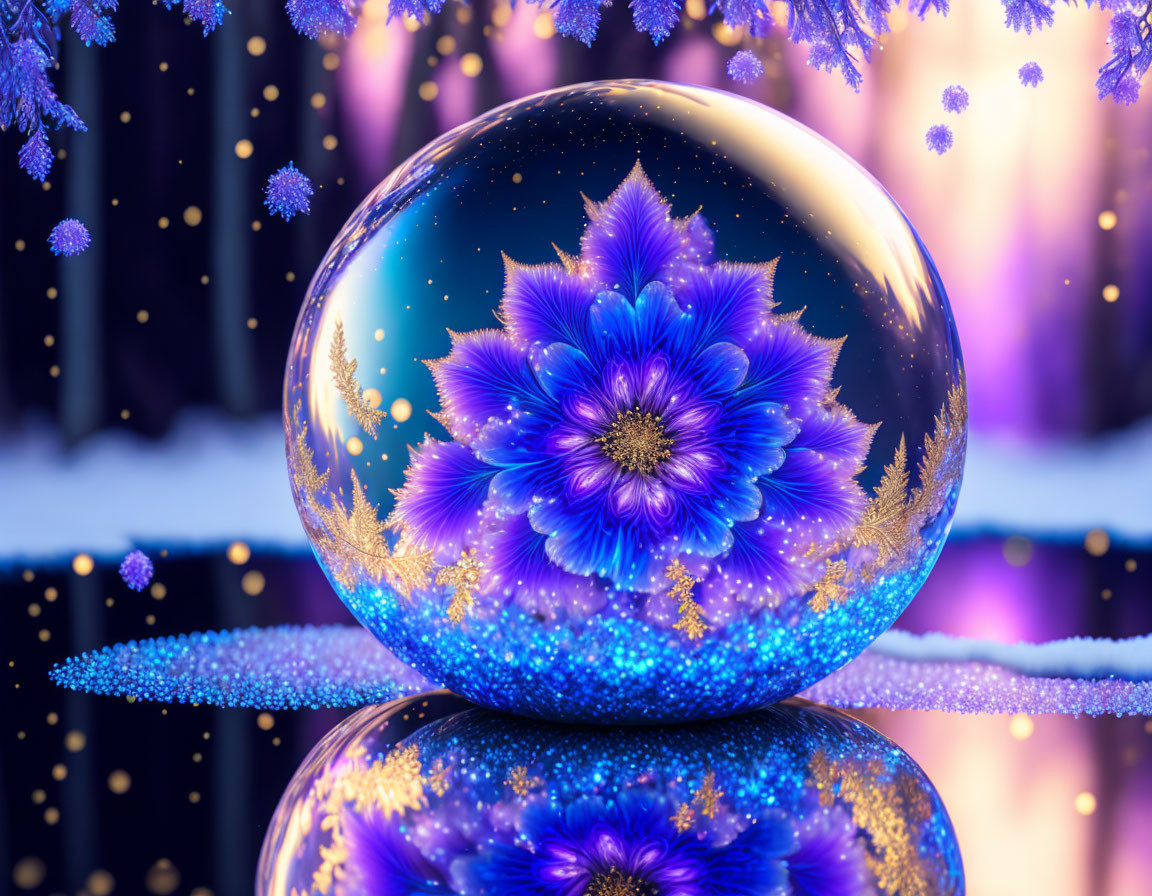 Colorful crystal ball with blue flower pattern in snowy landscape