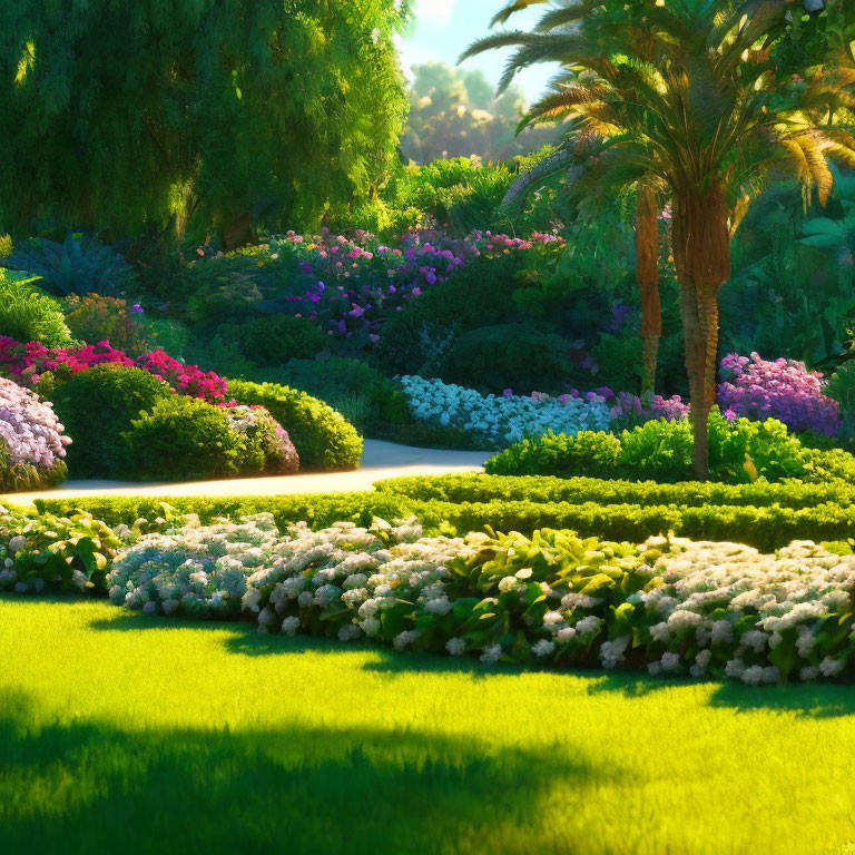 Lush Garden Path with Assorted Flowers and Palms on Sunny Day