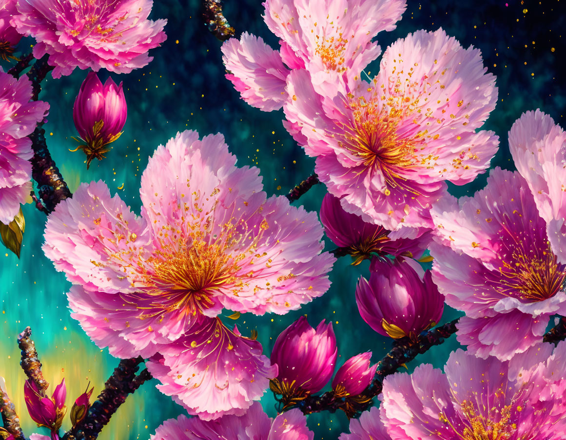 Pink Cherry Blossoms with Golden Stamens on Starry Night Sky