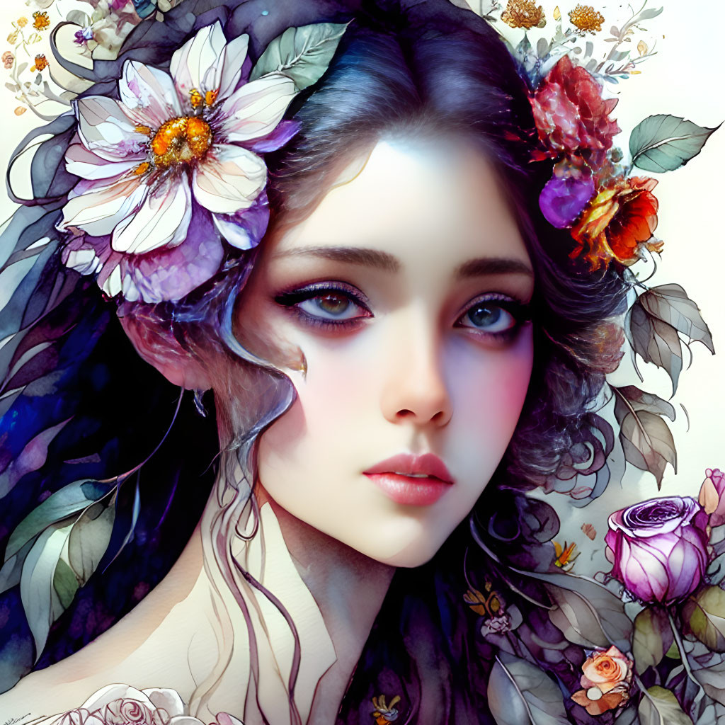 Illustration of woman with large eyes in floral wreath and dreamy background