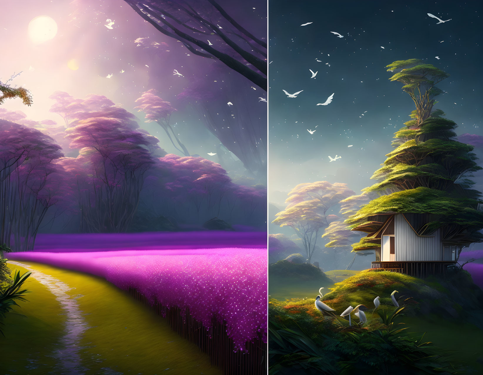 Split-view mystical landscape with glowing purple river, day and night scenes, small house, lush trees.