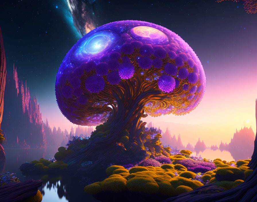 Fantastical landscape with glowing purple mushroom tree and alien twilight sky.