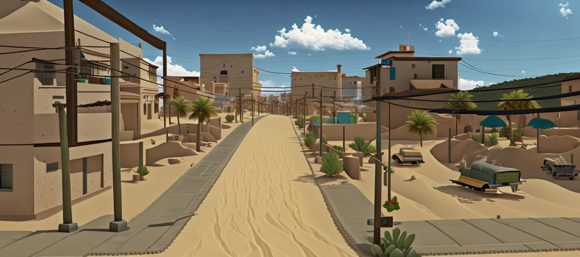 Deserted sandy street in sunny town with buildings, cacti, vehicles, and utility poles