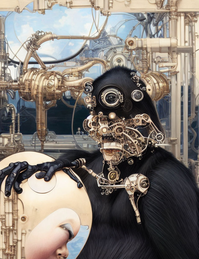 Surreal robotic gorilla art with intricate machinery and human face mask