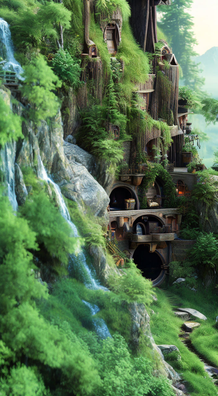 Verdant Cliffside with Waterfalls and Wooden Houses in Green Landscape