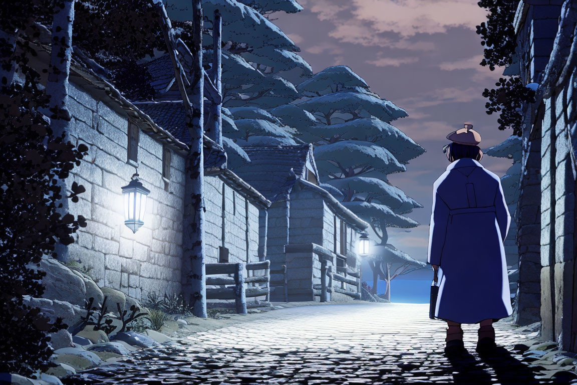 Blue Kimono Animated Character in Snowy Alley at Night