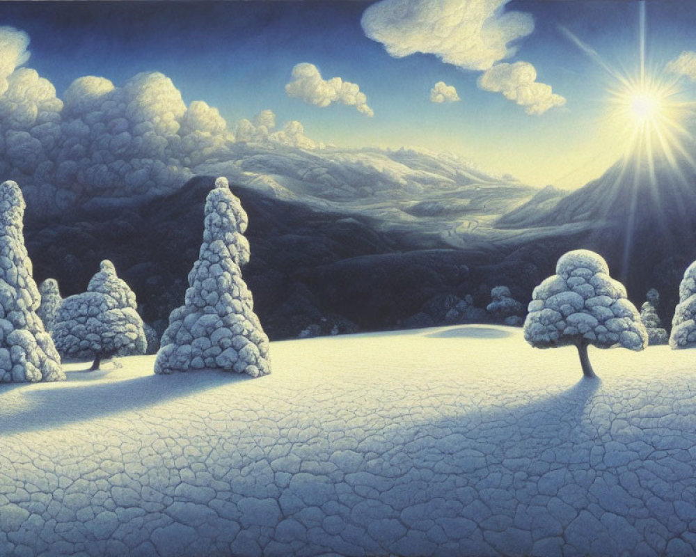 Snow-covered trees in serene winter landscape with bright sun and fluffy clouds