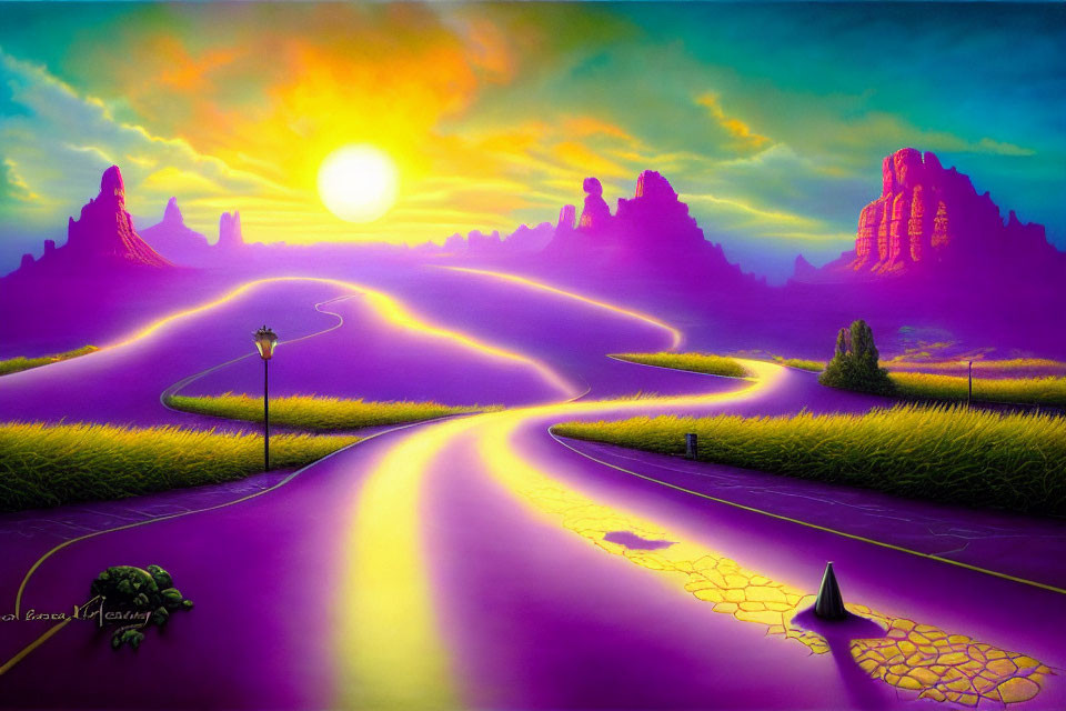 Colorful painting of winding road in surreal purple and yellow landscape