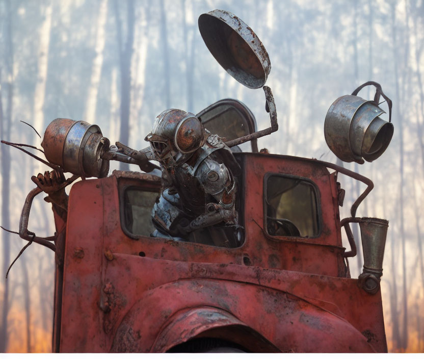 Human-like robot on rusty truck in post-apocalyptic burnt forest