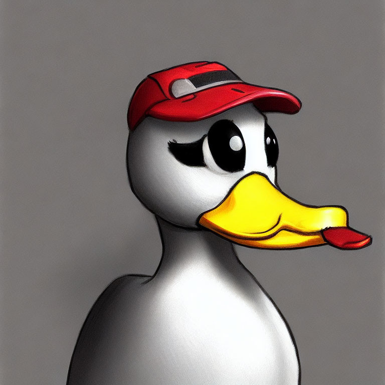 Anthropomorphic Duck with Red Cap and Orange Beak on Grey Background