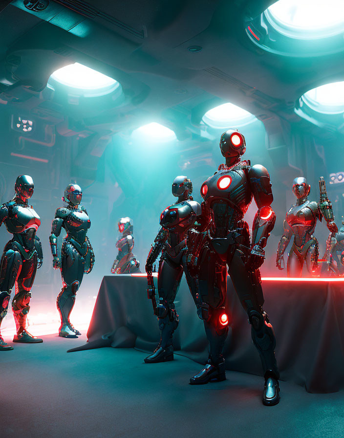 Futuristic robots with glowing red elements in dimly lit industrial room