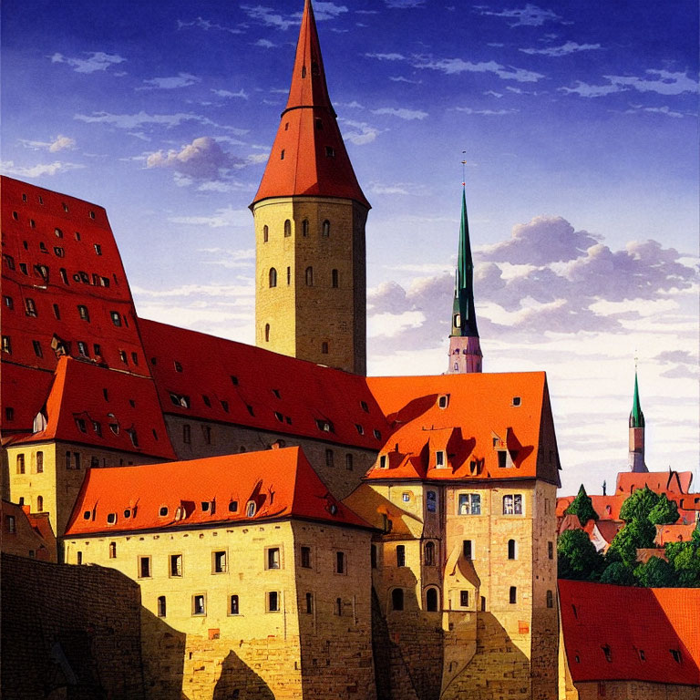 European Medieval Town Illustration with Red-Roofed Buildings and Pointed Towers