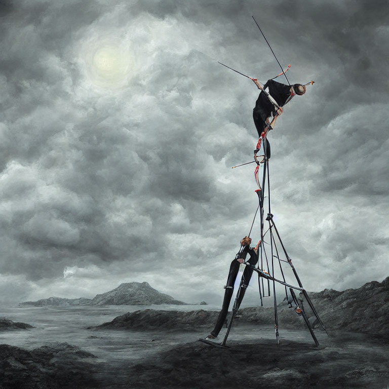 People climbing on ladders under stormy sky in surreal scene