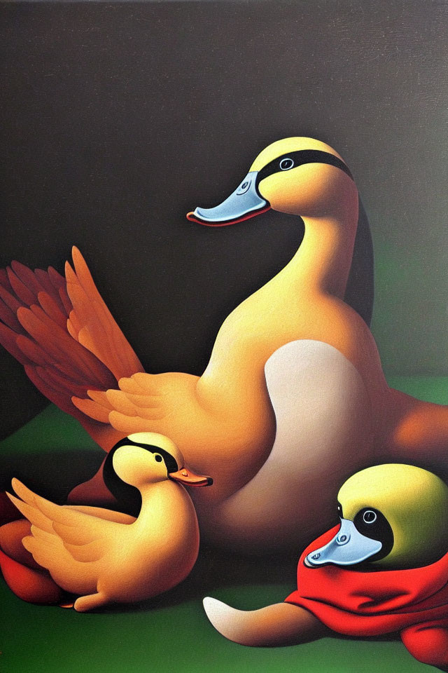 Colorful Ducks Painting with Exaggerated Features on Green Gradient Background