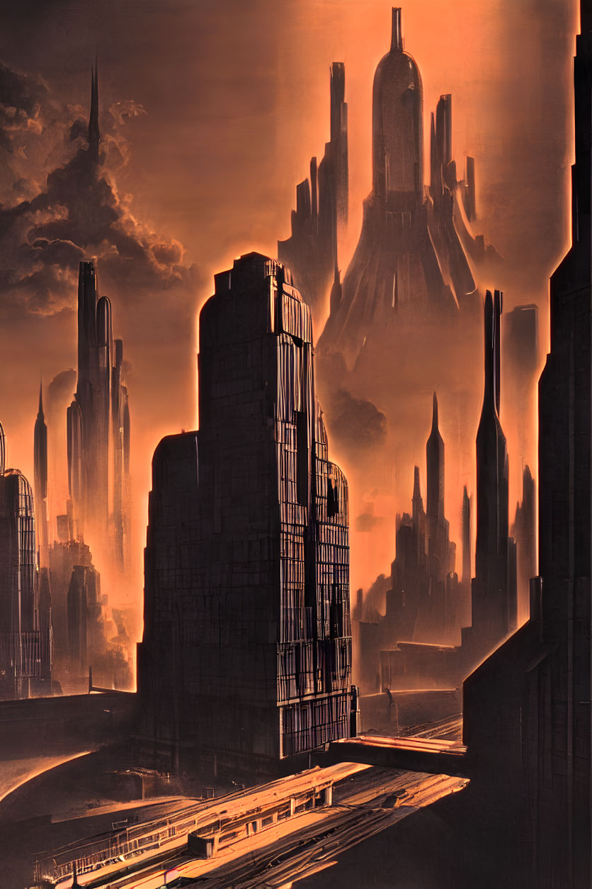 Futuristic cityscape at dusk with skyscrapers, orange glow, and monorail track