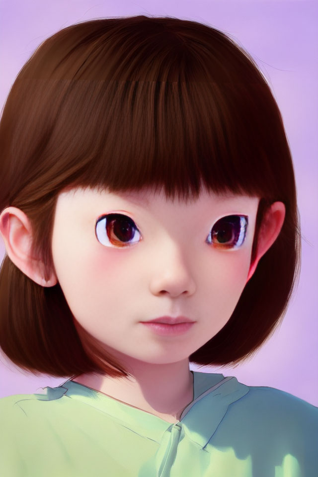 Digital illustration of girl with large expressive eyes, short brown haircut, light blue top, purple background