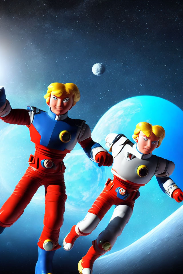 Blonde-Haired Astronauts in Red and White Suits Floating in Space