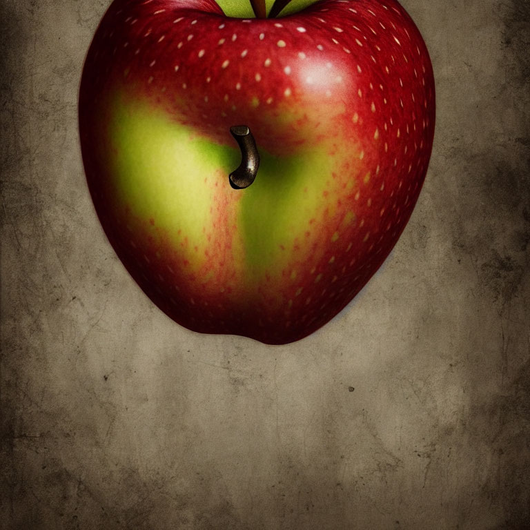 Ripe red apple with prominent stem on textured neutral background