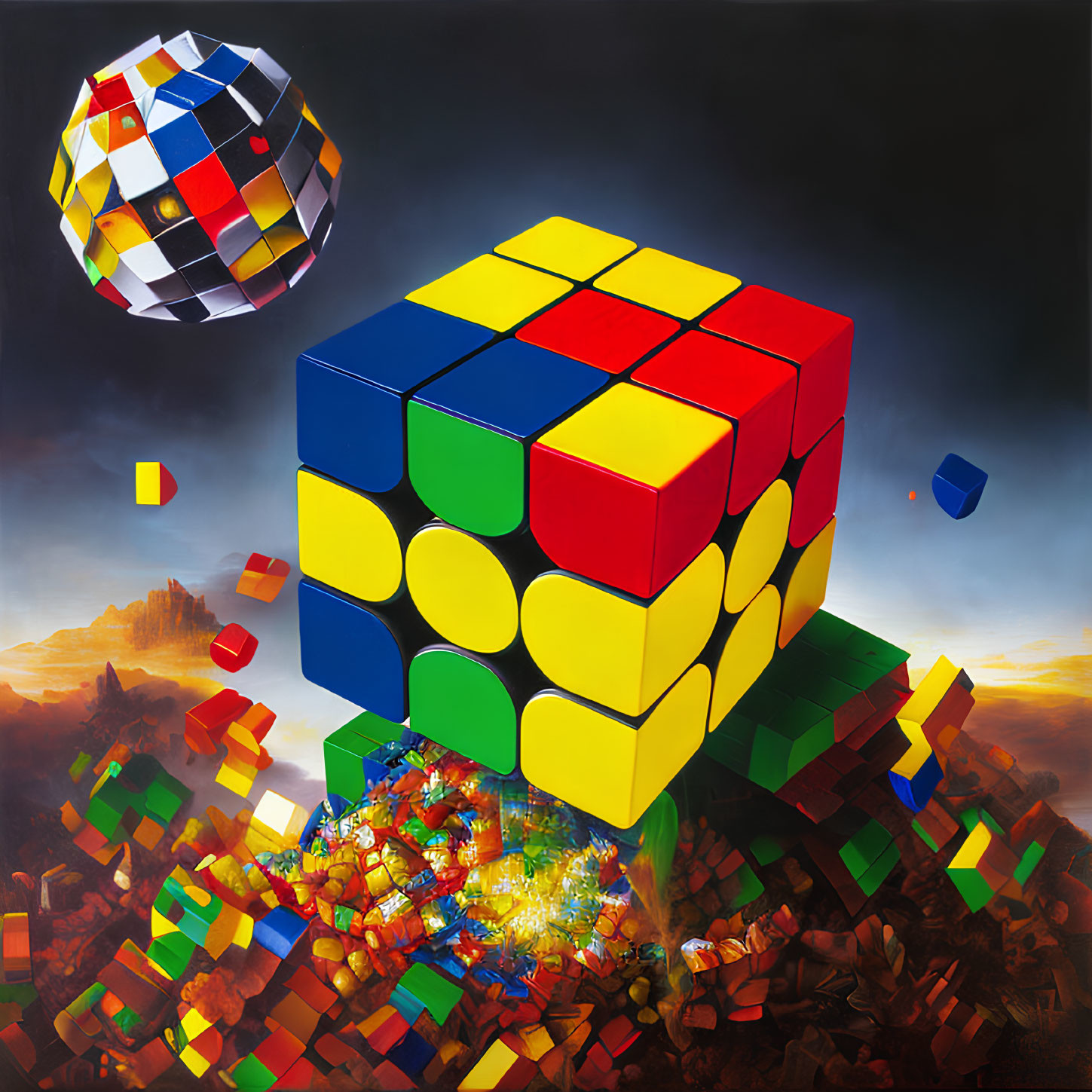 Colorful Unsolved Rubik's Cube Against Dramatic Sky with Geometric Ball and Cube Pieces Explosion