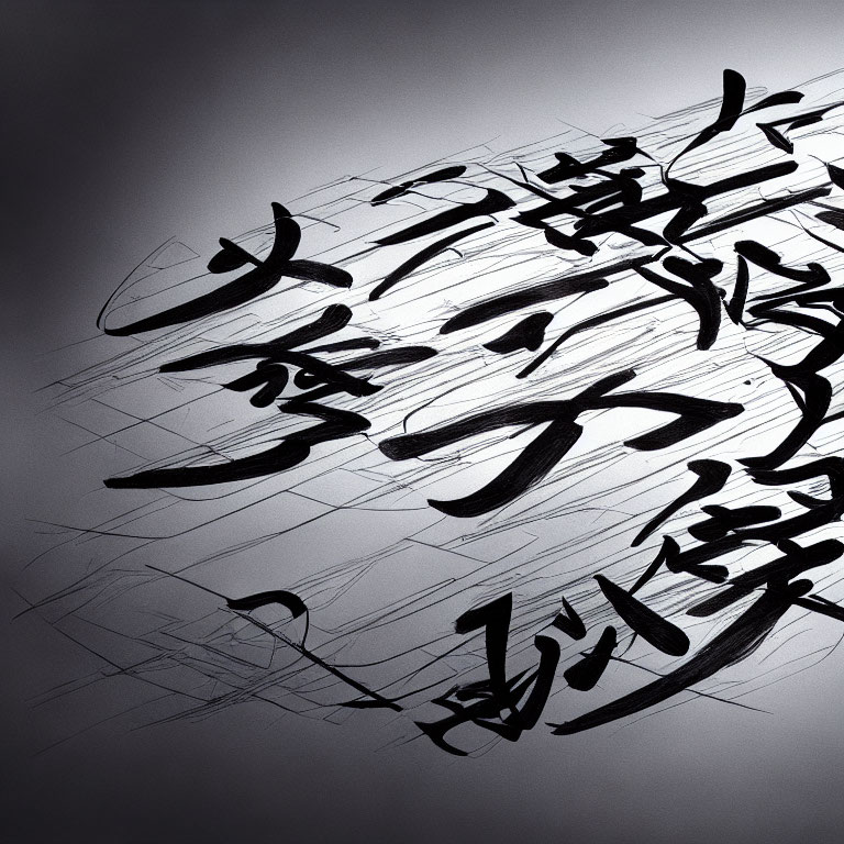 Black Calligraphy Strokes on Textured Gray Background with Asian Characters