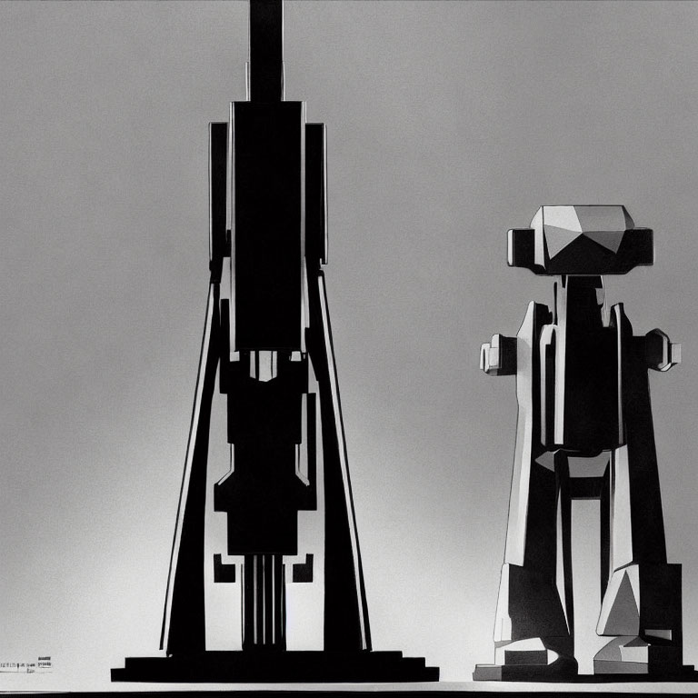 Monochrome digital art of two stylized robot figures