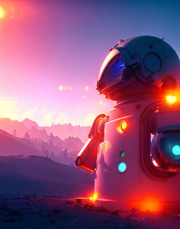 Giant Robot with Spherical Head on Alien Landscape under Pink Sky