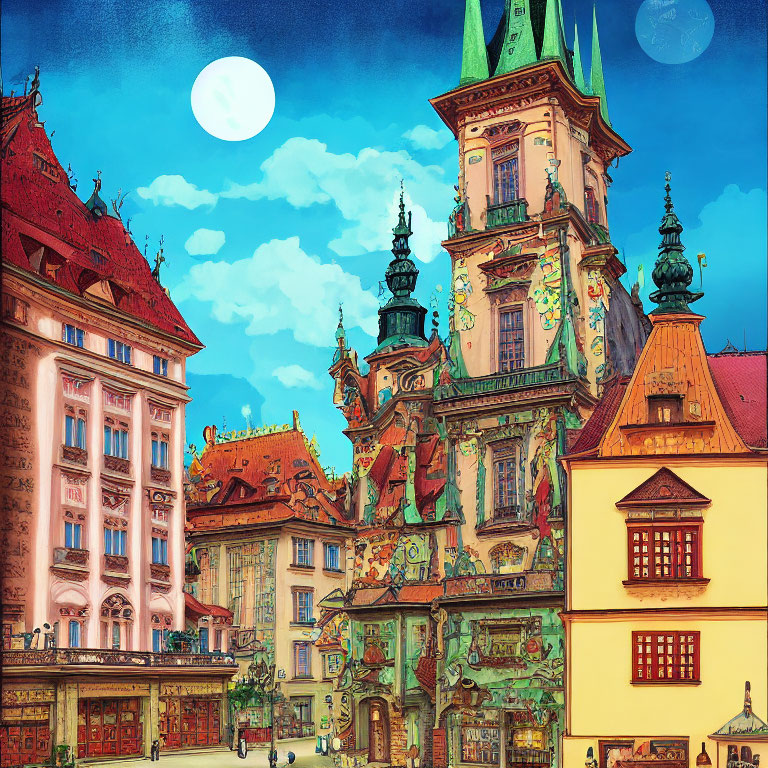 European Town Square Dusk Illustration with Historical Buildings