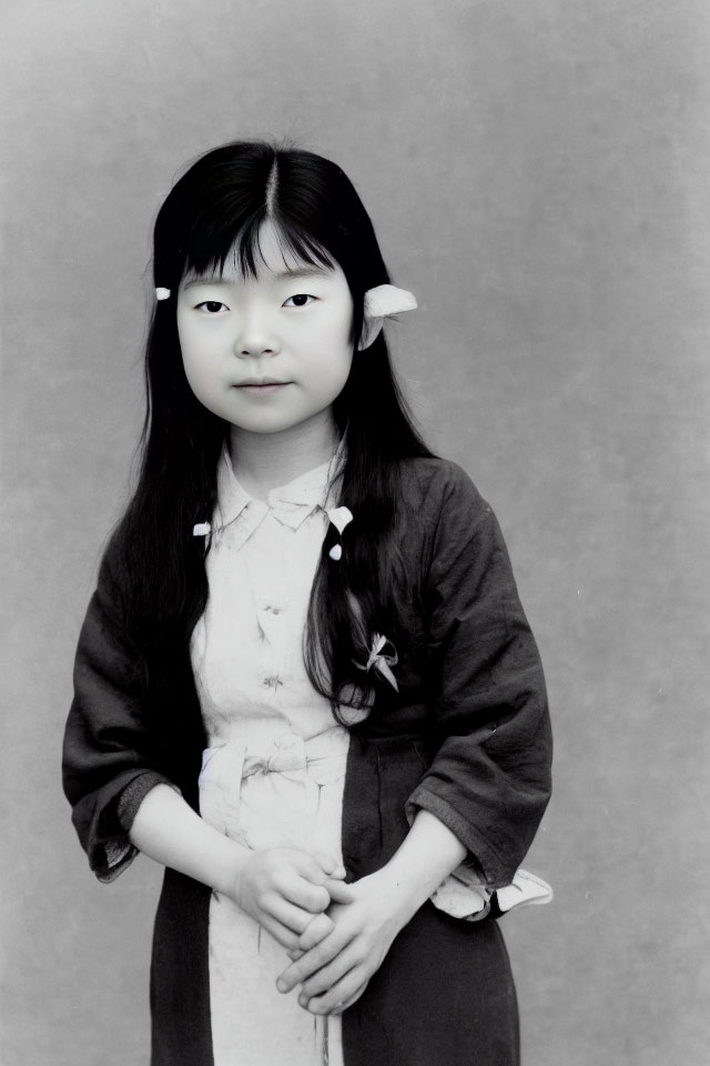 Monochrome portrait of young girl with flowers in hair