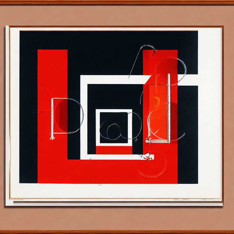 Geometric Abstract Artwork with Red, Black, and White Shapes