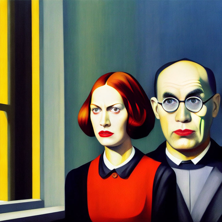 Surreal painting: stern couple, man in glasses, woman with red hair, vibrant yellow and