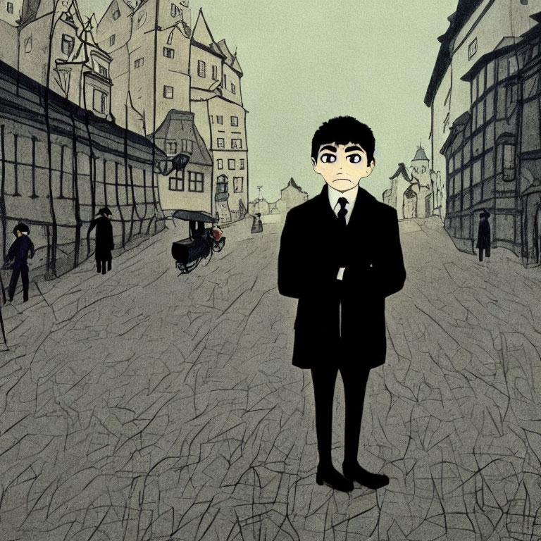 Illustrated young man in suit on bustling city street with vintage cars