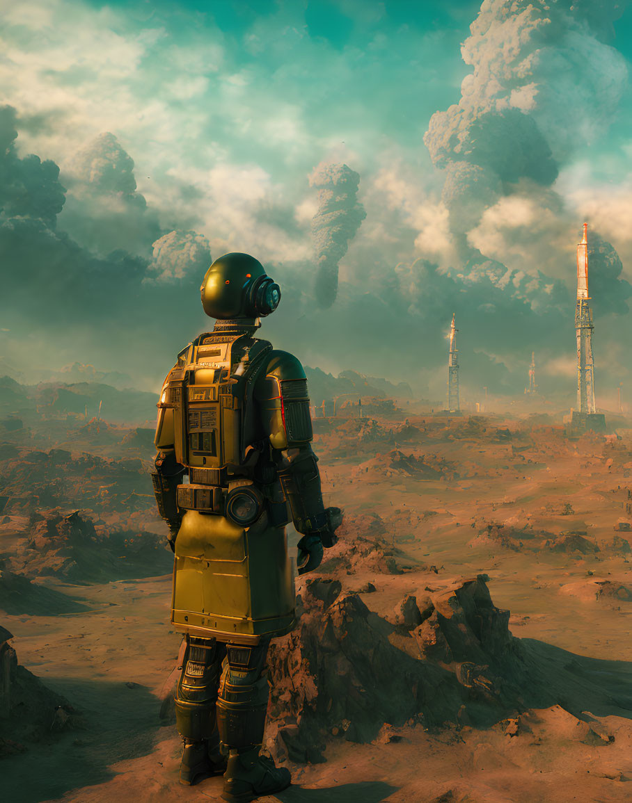 Barren alien landscape with astronaut and rocket launch pads