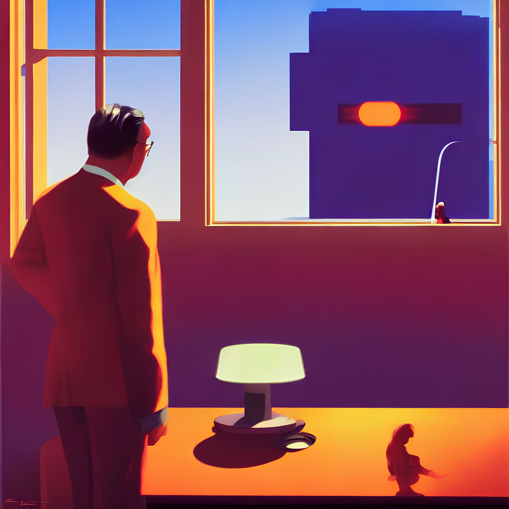 Man in suit looking at colorful sunset with small figure on windowsill