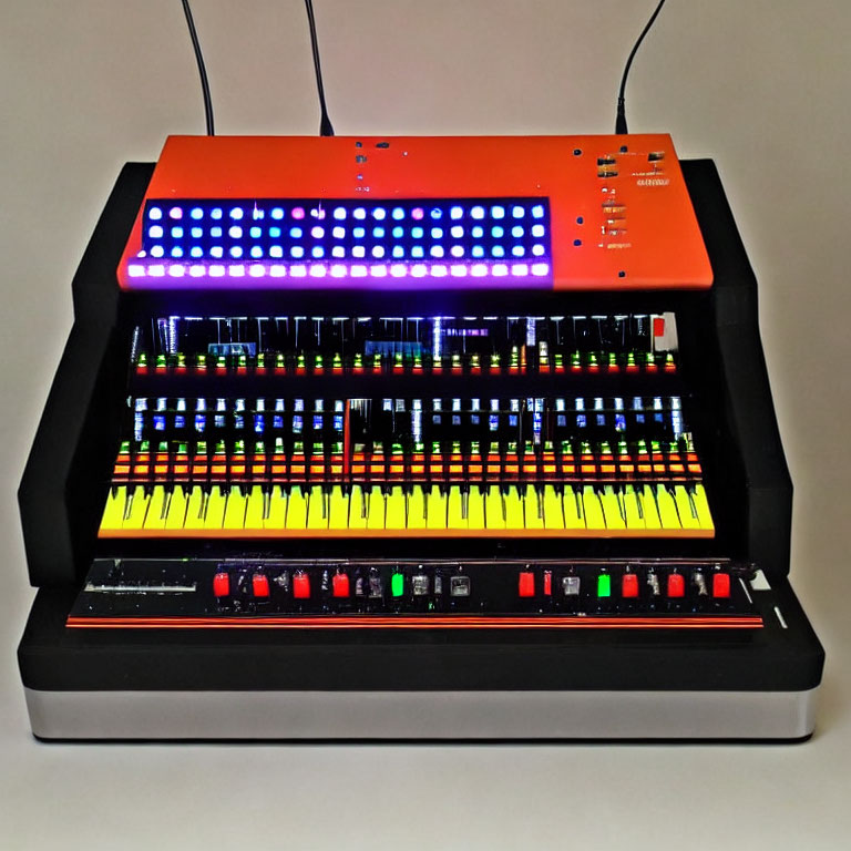 Vibrant electronic musical instrument with keyboard, knobs, and light-up buttons